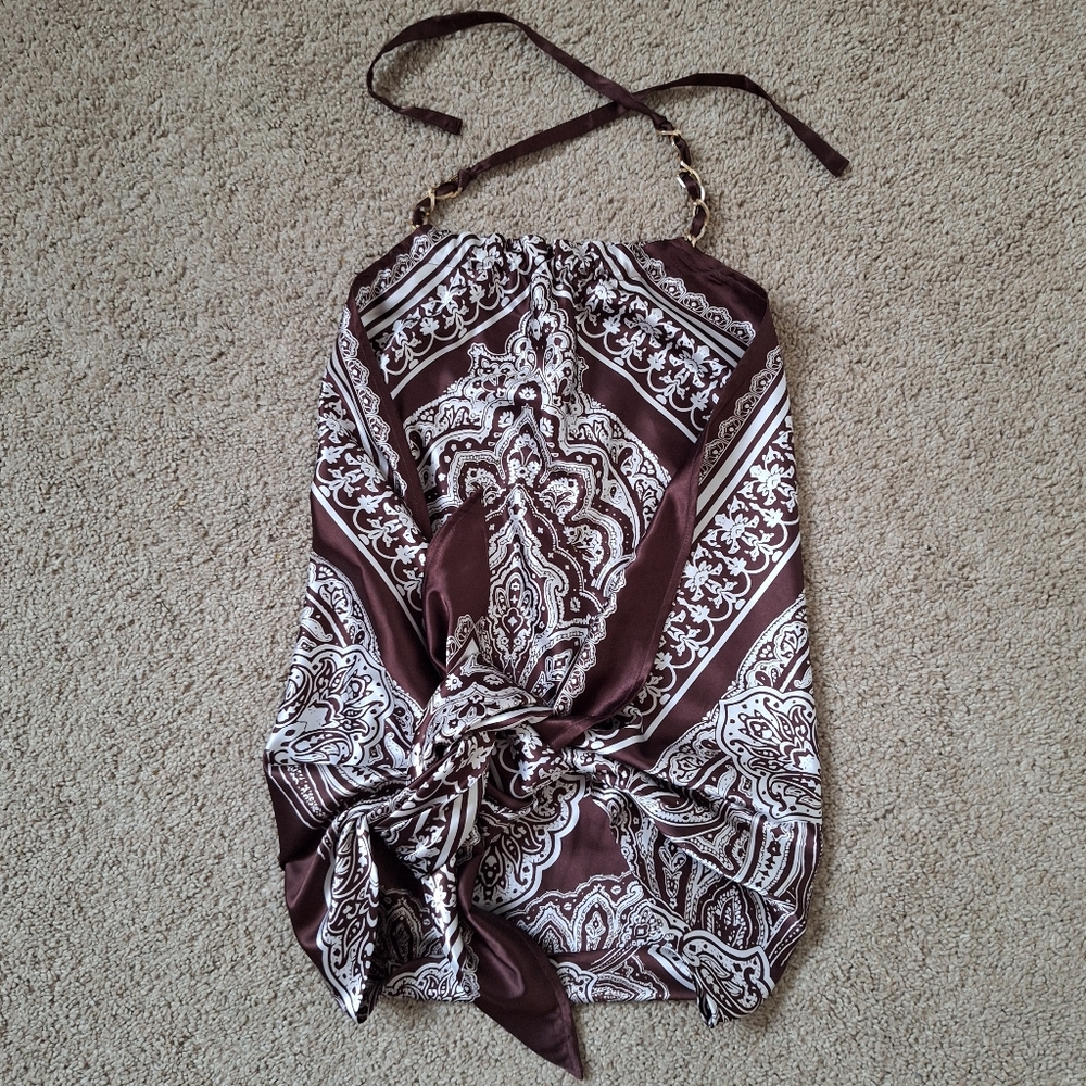 le chateau Brown and White Paisley Bandana Tie Satin Top Classic Y2K Style